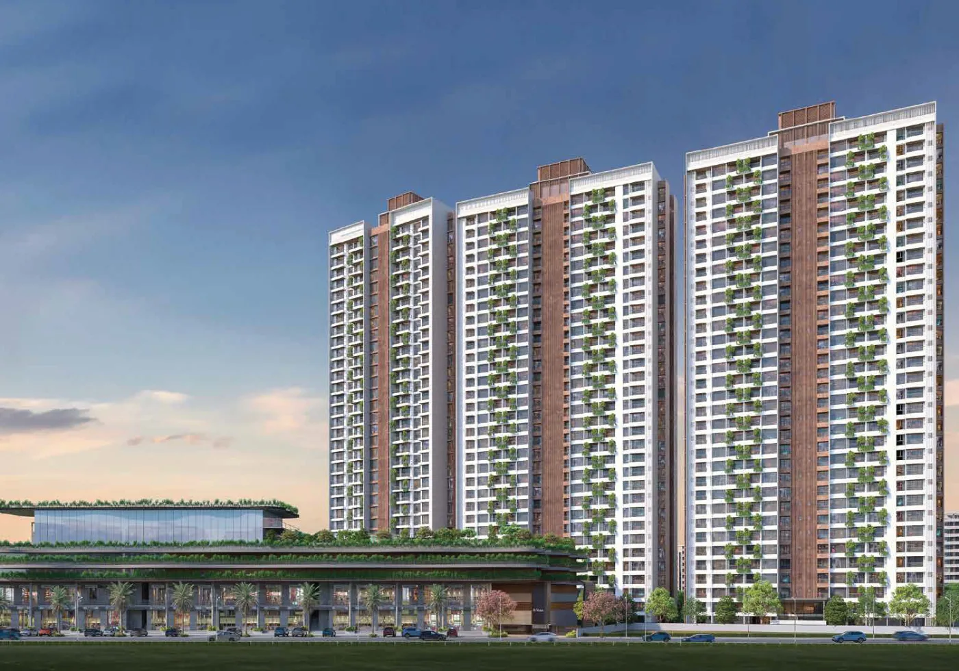 Austin Yana - the eight G+32 towers seen across the landscaped township at dusk, Tathawade Pune