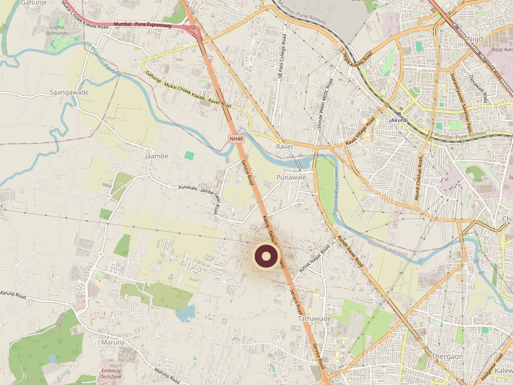 Austin Yana nearby landmarks map - Tathawade, Pune, with Hinjewadi Phase 1 IT Park, Rajiv Gandhi Infotech Park and the Pune-Mumbai Expressway